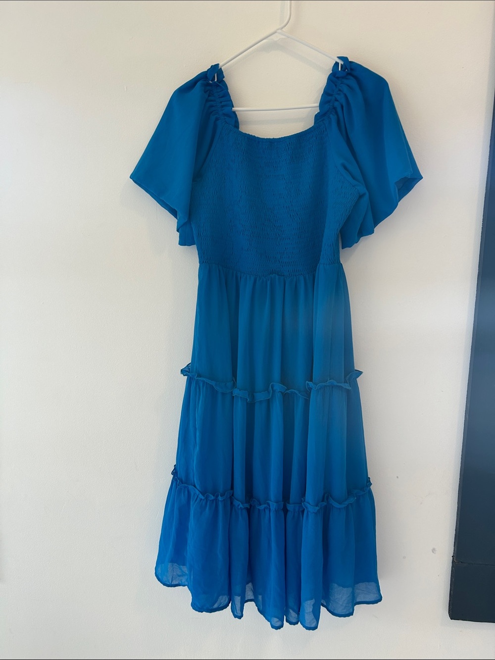 Smocked Blue Tiered Midi Dress